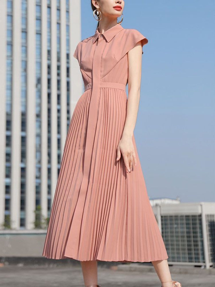 Summer New Temperament Ladies Dress Short Sleeve Shirt Skirt Long Pleated Skirt Office Wear Elegant and Simple