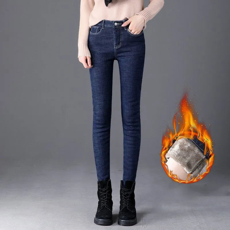 maoxiangshop Oversized Slim Velvet Lined Jeans Pencil Pants Winter Women Plush Stretch Vaqueros Trousers Mid Waist Thicken Warm Denim Spodnie