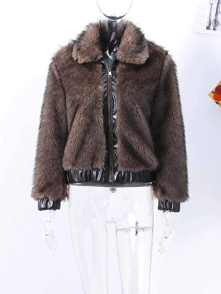 maoxiangshop - cold weather outfuts Fashion Faux Fur Short Coat Women Lapel Patchwork Zipper Long Sleeve Jacket 2024 Warm Autumn Winter Pocket Lady Street Outwear