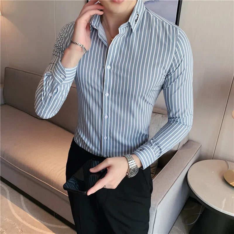 maoxiangshop British Style Men Long Sleeved Shirt Autumn Anti-wrinkle Soft Solid Casual Elastic Slim Fit Camisas Y Blusas Men Clothing