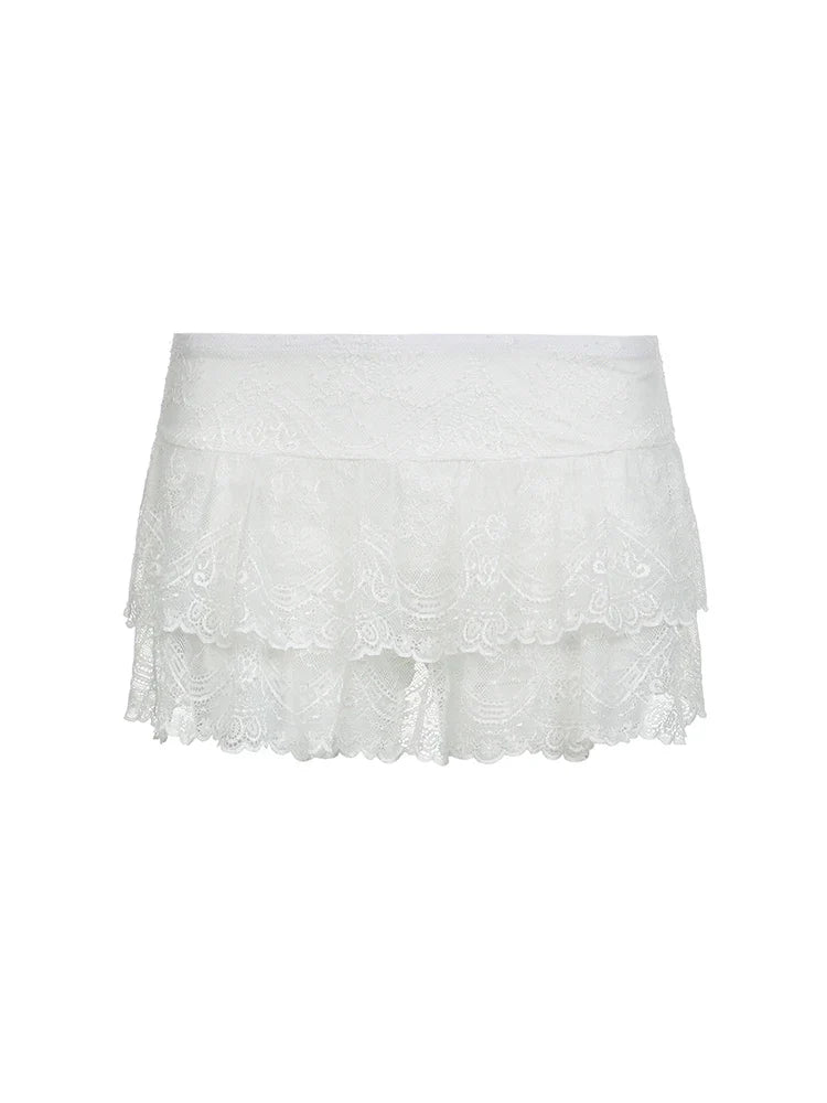 Black Solid Low Waist Tiered Lace Shorts Skirts Womens White Fairycore Micro Boho Skirt