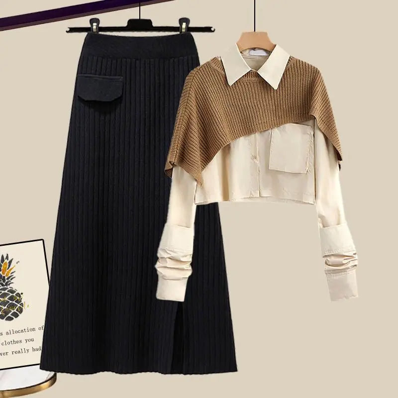 maoxiangshop Women's Autumn Dress Sets Female Loose Knit Shawl+Long sleeve Shirt+High Waist Knitted Half Skirt Three Piece Set Korean Fashion