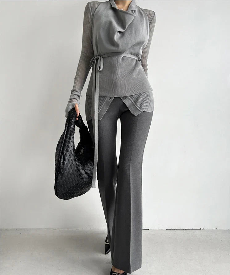 maoxiangshop - Elegant Women Grey Flare Suit Pants Loose 2024 Autumn Office Ladies Korean High Waist Pockets Casual Trousers