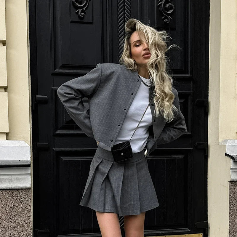 maoxiangshop - Women Striped Skirt Set Stand Collar Single Breasted Top High Waist Pleated Skirts 2024 Summer Fall New Fashion Lady Office Suit