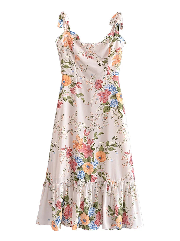 2022 Summer New Lace Up Bowknot Strap High Waist French Vintage Printed Ruffle Dress Female Fashion Midi Dresses Women