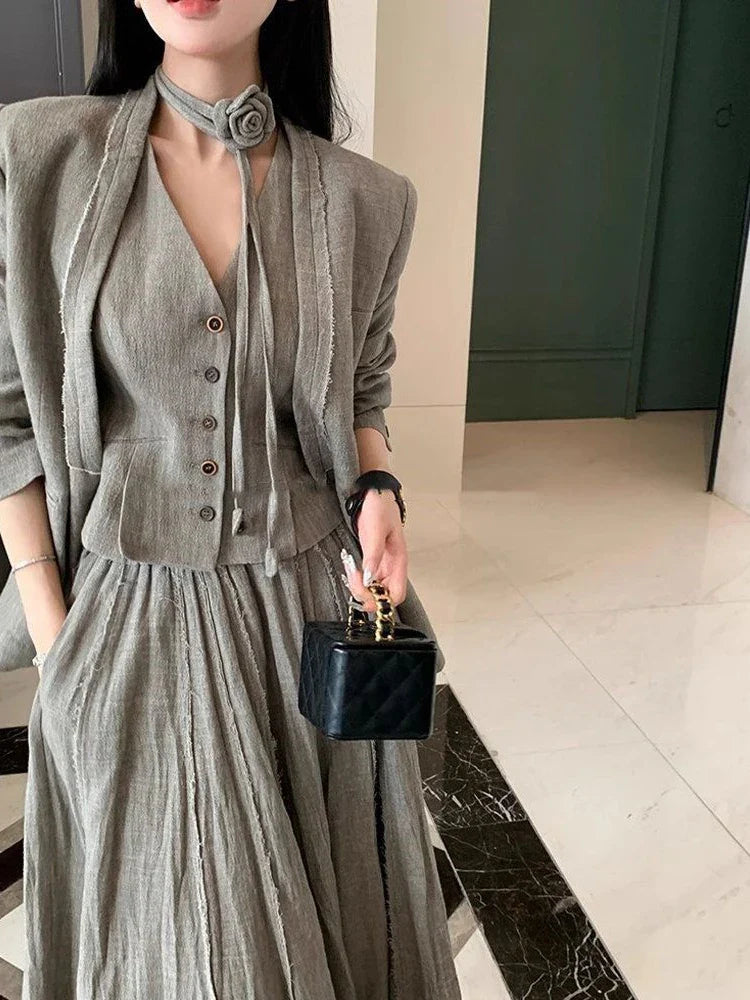 maoxiangshop - Autumn Winter Streetwear Small Fragrance 3 Piece For Women Jacket Coat Sleeveless Vest High Waist Pleated Skirt Long Skirts