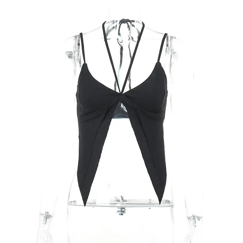 maoxiangshop-Fairy Grunge Halter Camisole Tops White Bandage Spaghetti Strap Lace Trim Split Crop Tops Vintage Korean Fashion Tees Kawaii