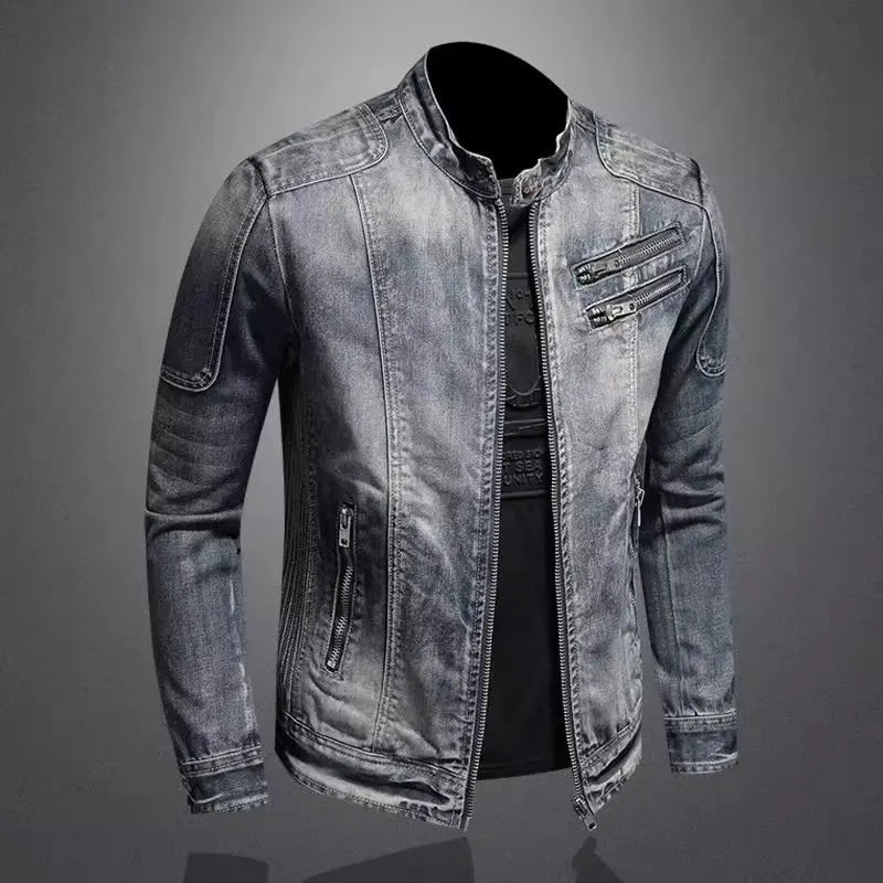 maoxiangshop Denim Jackets Men Casual Stand Collar Moto Biker Outerwear Coats Mens Fashion Zippers Motorcycle Streetwear Jacket Male Clothes