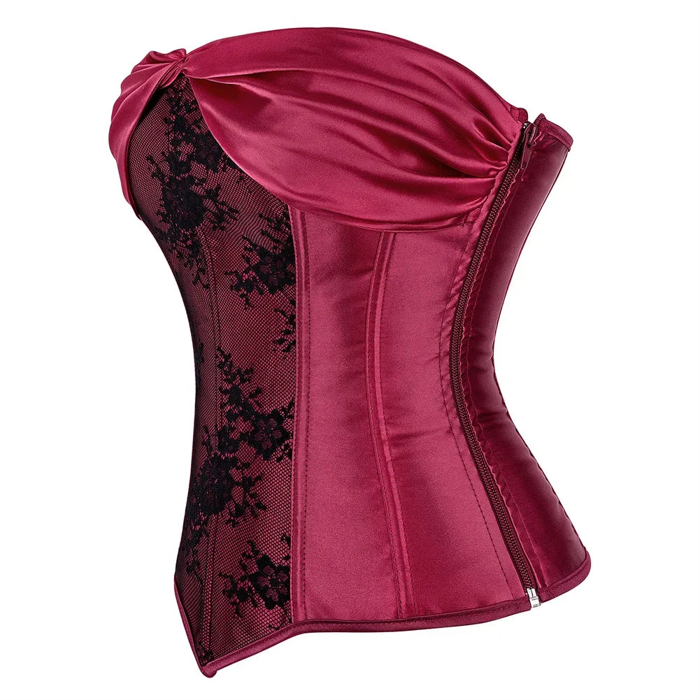 maoxiangshop - Woman Corset Vintage Satin Corsets Floral Lace Up Bustier Gothic Exotic Bustiers Romantic Bridal Outfit Medieval Party Costumes