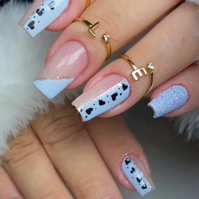 maoxiangshop 24Pcs Blue Flower False Nails Almond Cute Heart with French Design Detachable Fake Nails Artificial Press on Nails Tips Art