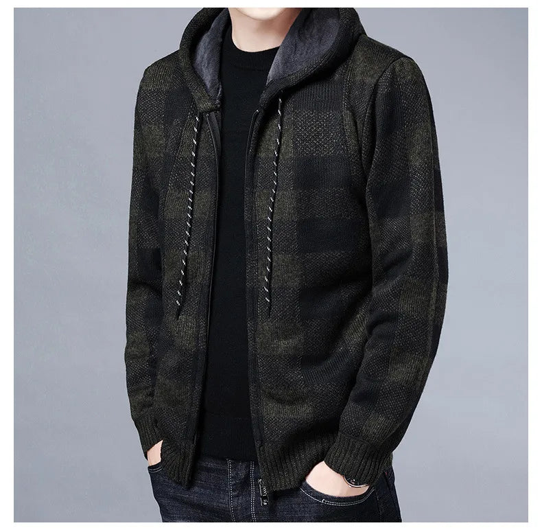 maoxiangshop Men Sweater Jacket Fashion Winter Coat Fleece Hoodies High Quality Luxury Checkered Hooded Knit Cardigan Male Outer Wear