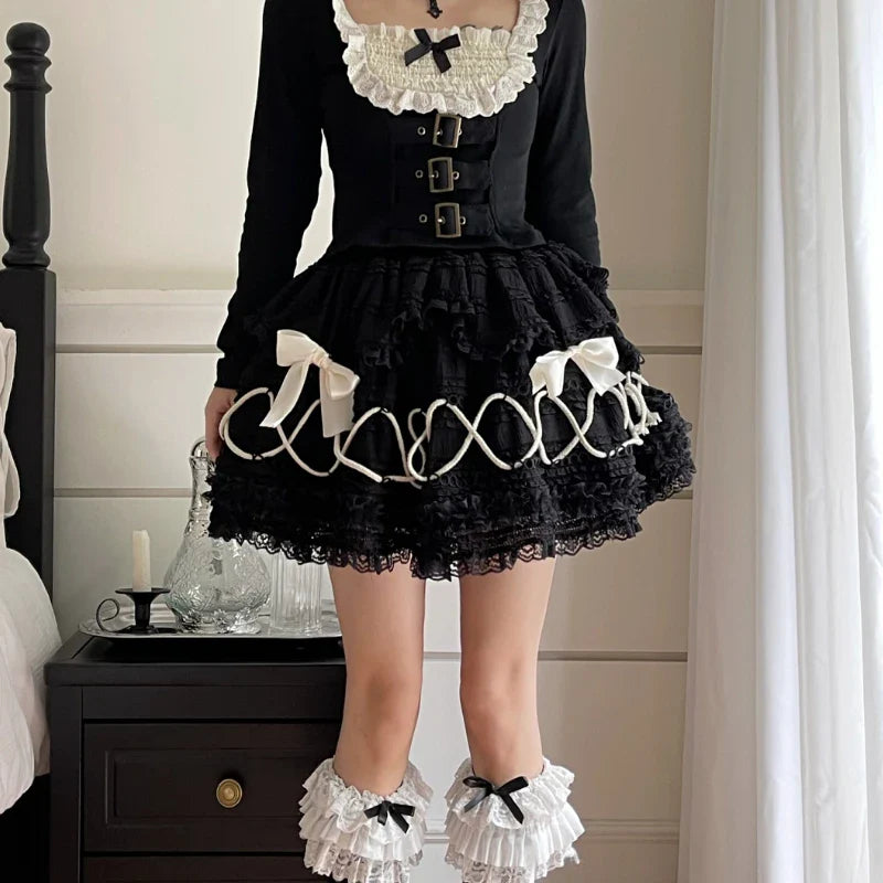 maoxiangshop - Gothic Lolita Skirt Women Japanese Harajuku Fashion High Waist A-line Bow Lace Patchwork Vintage Black Cake Skirt