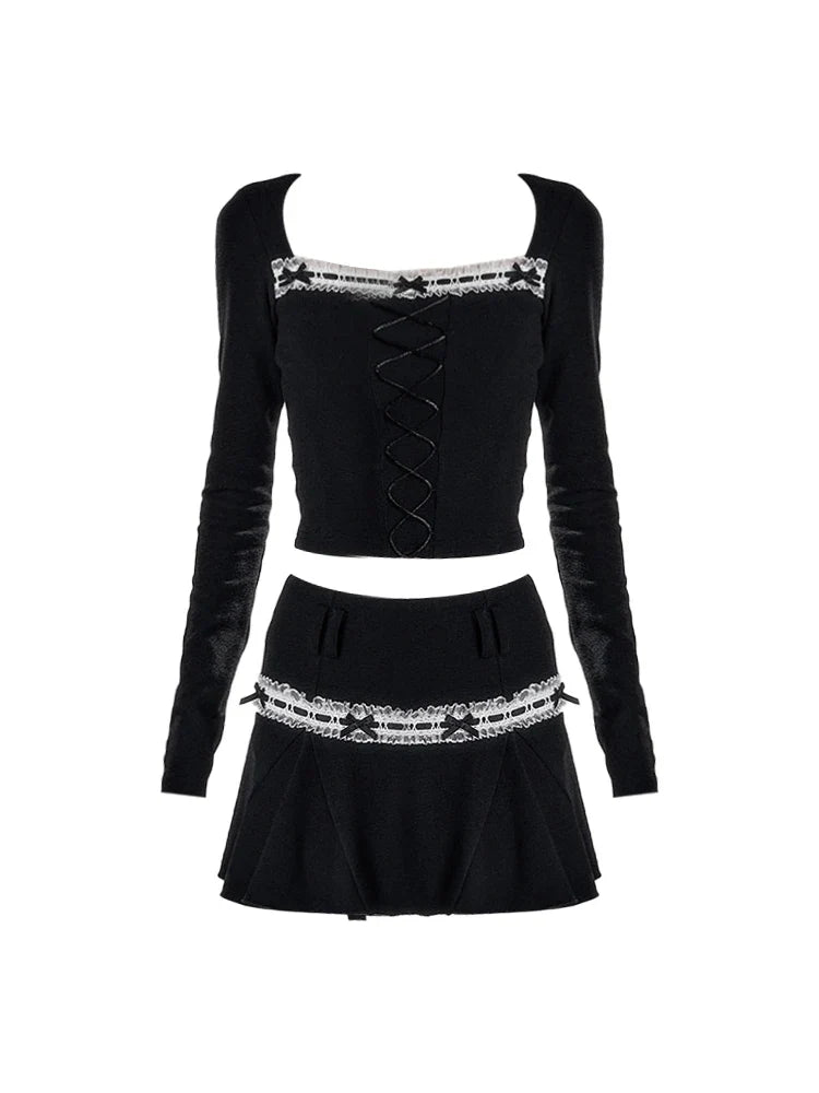 Women Dark Academia Y2k 2000s Aesthetic Rave Night Club Outfits 2 Piece Set Long Sleeve T-Shirts Crop Tops + Mini Pleated Skirts