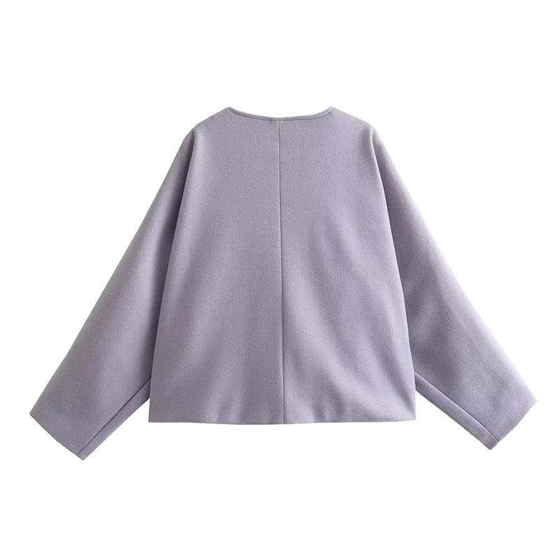 maoxiangshop - Grey Jackets for Women V-Neck Casual Coat Autumn 2024 New Fashion Single Breasted Long Sleeve Female Jacket Outwear