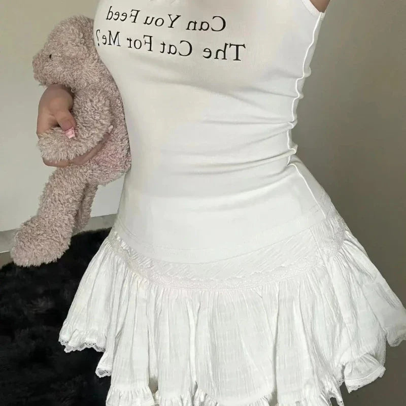 maoxiangshop Coquette Mini Skirt Women Summer Y2k Lace Mesh Patchwork Sexy High Waist A-line Kawaii White Ruffle Skirt Fairycore