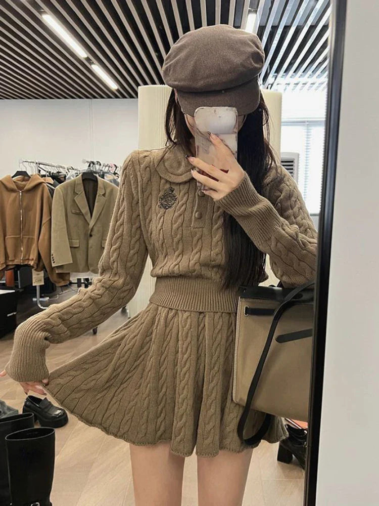 maoxiangshop2 Autumn Preppy Style Knitted Clothing Suit Woman Slim Kawaii Swearter Tops Casual Y2k Mini Skirt Woman Fashion 2 Piece Set