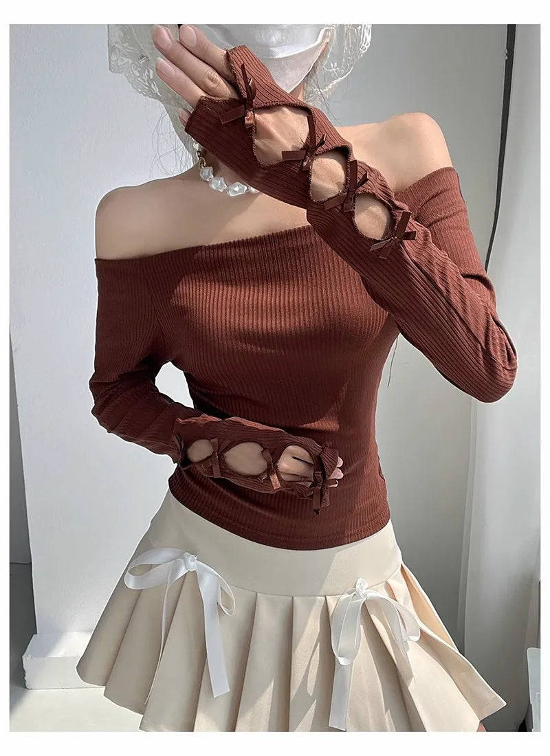 maoxiangshop - 2024 New Autumn Women Y2K T-Shirts Shoulder Streetwear Fairycore Hip Hop Tops Punk Casual Tees Female Clothes Leisure Fashion