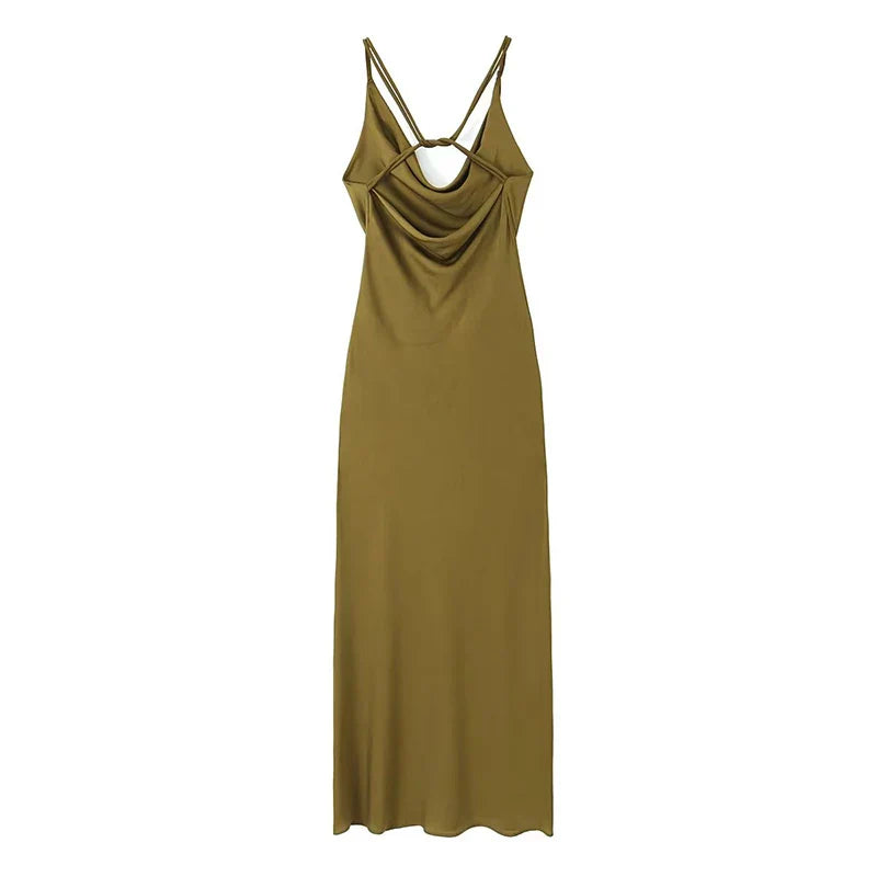 maoxiangshop-Sexy Women Olive Green Backless Swinging Collar Satin Slip Dress