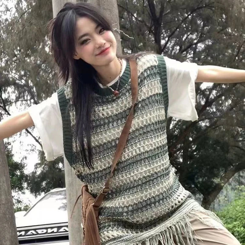 Sleeveless Knitted Vest Women Striped Hollow Out Tassel Sweaters Vintage Harajuku Casual Outwear Korean Loose Jumpers Coat