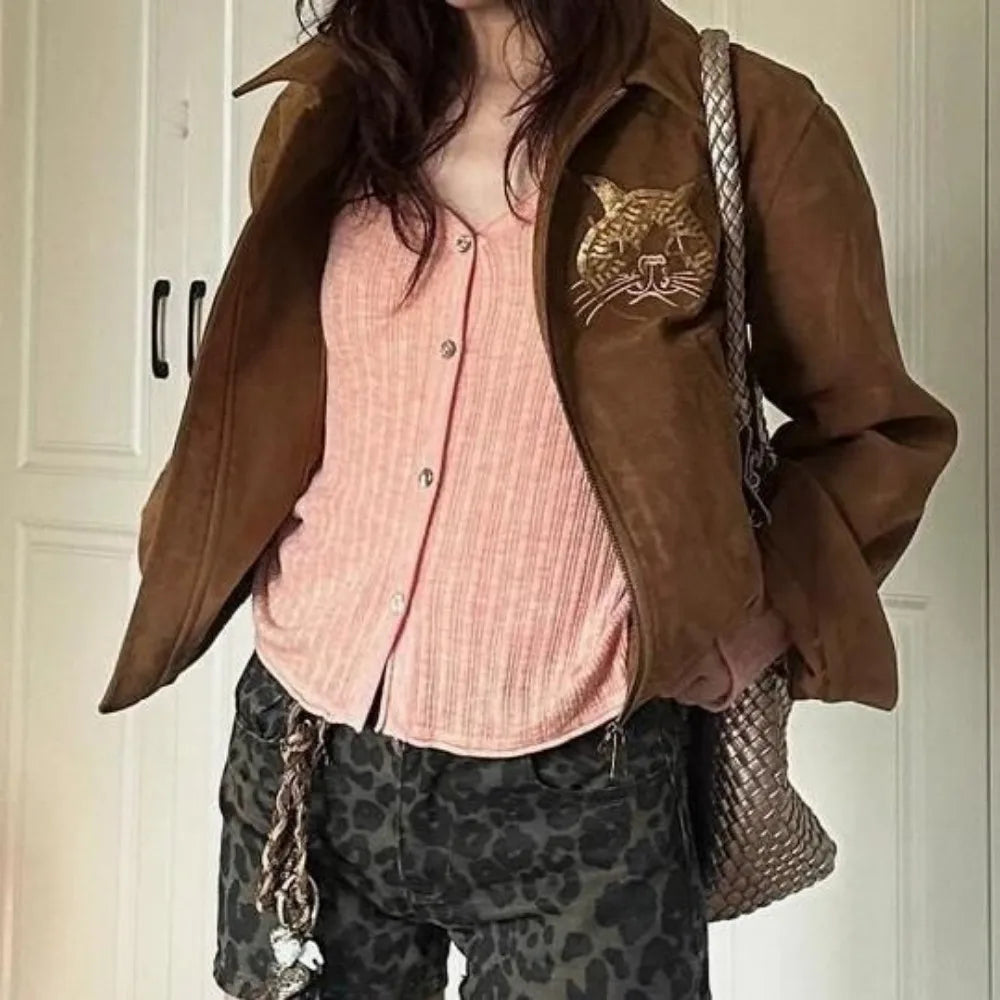 maoxiangshop - cute winter outfits Cat Embroidery Brown Heavy Embossed Suede 2024 Jacket Women Autumn Winter Vintage Long Sleeve Leather Coat Fashion Eco Top