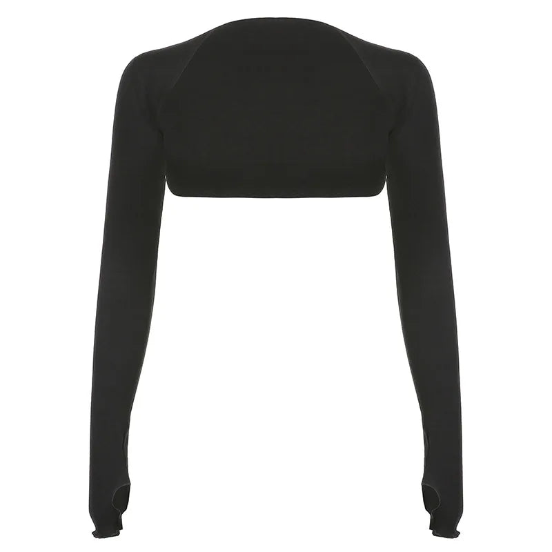 Women Thumbhole Long Sleeve Shrug Solid Color Open Front Cropped Cardigan Top Bodycon Slim Fit Sunscreen Arm Cover Jacket Gloves