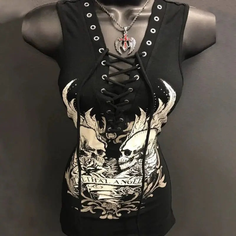 maoxiangshop - Dark Gothic Skull Print Tie Up Y2K Spicy Girl Slip Dress Summer New Fashion Slimming Tie Up Mid length Tank Top Women Clothing