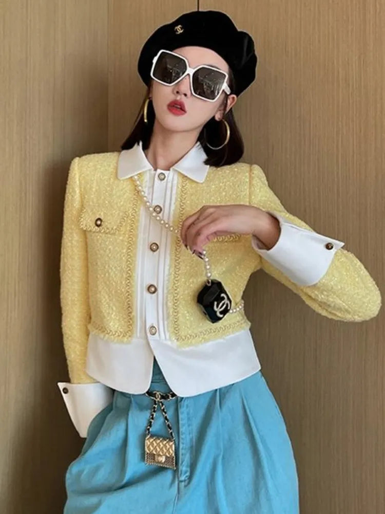 Luxury Small Fragrance Tweed Jacket Coat Women Korean Fashion Sweet Woolen Short Coats Fall Winter Vintage Elegant Outwear Tops