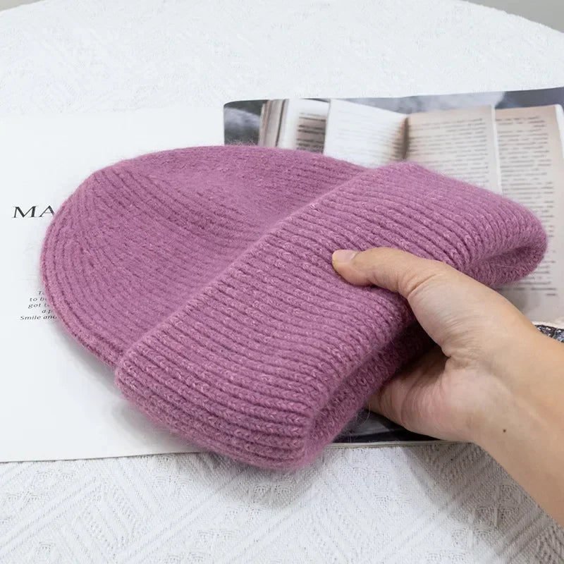 maoxiangshop 21colors Autumn Angola Rabbit Fur Knitted Beanies Winter Skullies Women's Hat Fashion Solid Warm Cashmere Wool Three Fold Thick