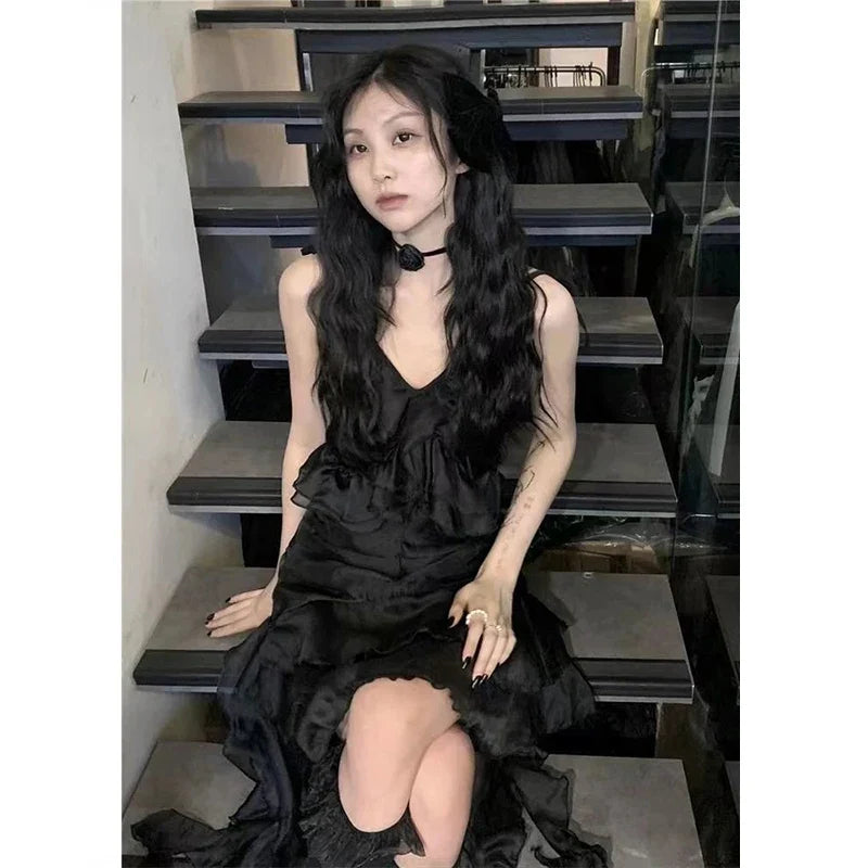 Y2K Ruffles Irreular Dress Women Gothic Sexy Strap A Line Mini Dresses Dark Fairy V Neck Asymmetrical Sleeveless Sundress