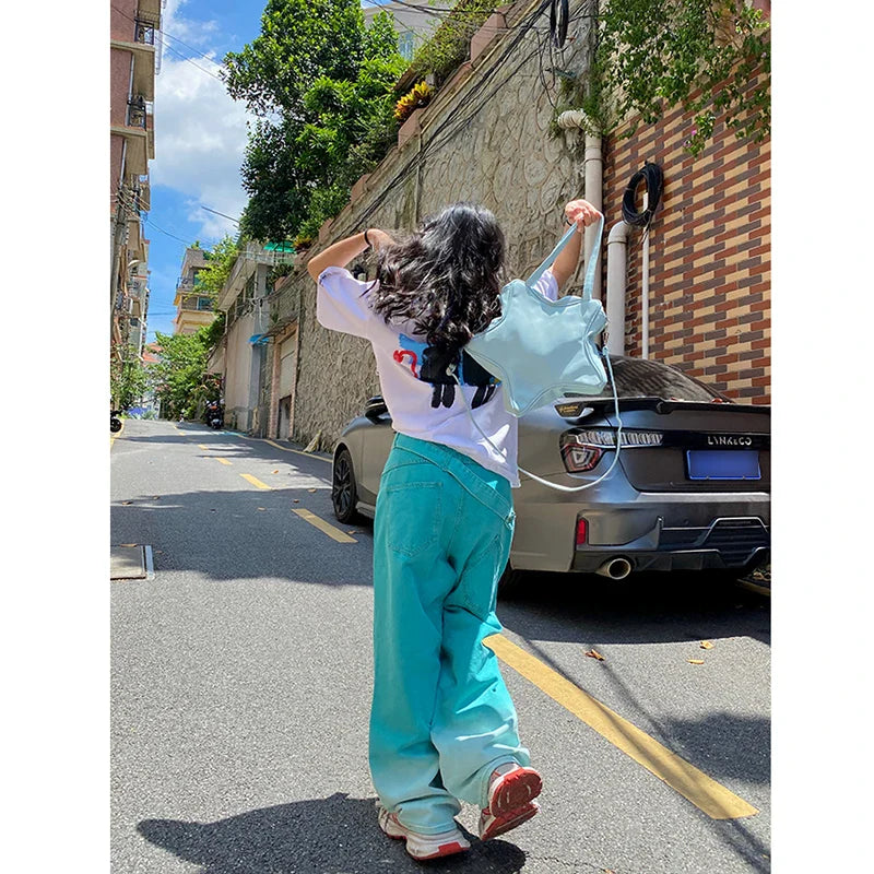 maoxiangshop - Blue Jeans Women Belt High Waist American Wide Leg Pants Y2K Style Fashion Streetwear Female Pants Autumn Straight Trousers