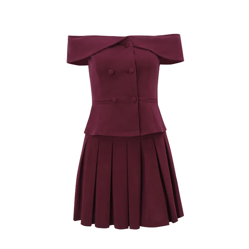 maoxiangshop- Sexy Skirt Two Piece Set Women Off-shoulder Tops And Pleated Mini Skirt Matching Sets Femme Fashion Two Piece Set