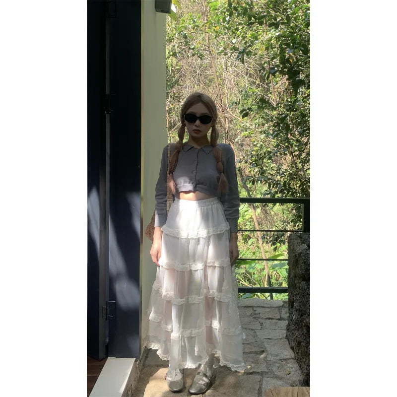 maoxiangshop Maxi Long Tulle White Mesh Skirts for Women Gothic Pleated Skirt Casual Fairycore Summer Jupe Longue Falda Mujer