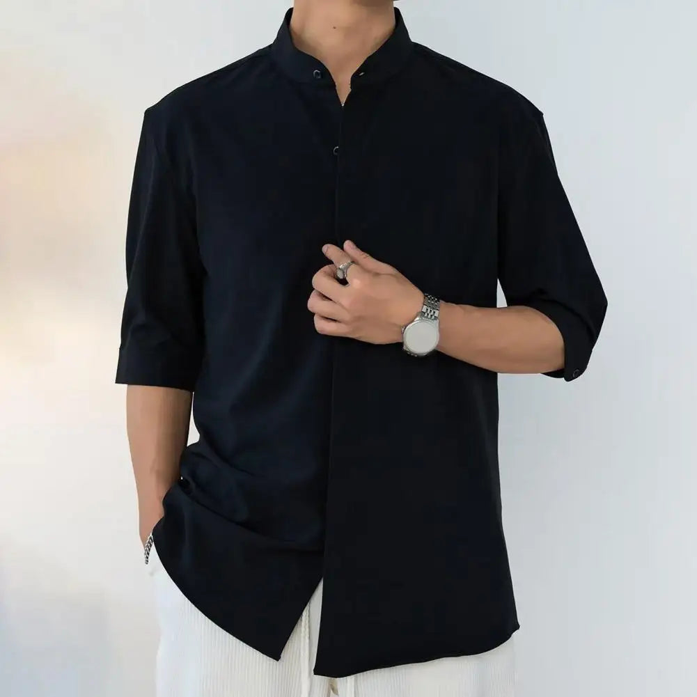 maoxiangshop Slim Fit Stand Collar Shirt Men Solid Color Shirt Stylish Stand Collar Men's Shirt for Business Commute Office Slim Fit Half