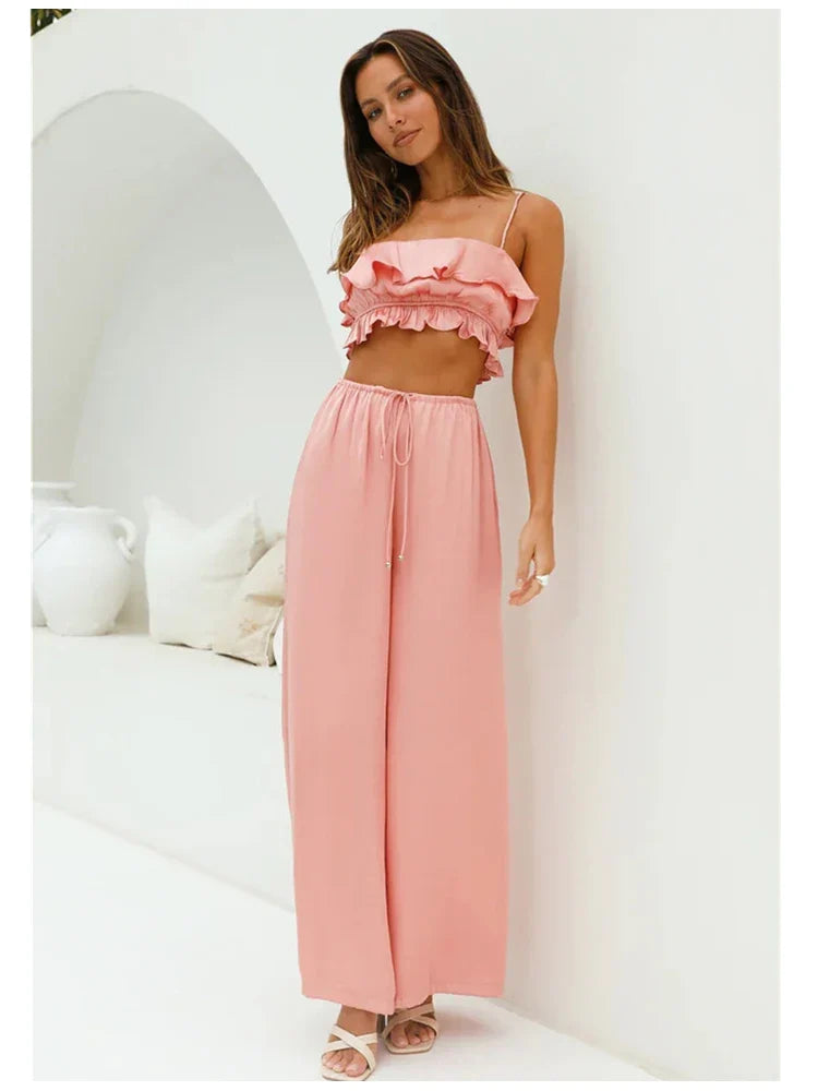 maoxiangshop - Spring Summer Women's 2024 New Elegant Satin Feeling Loose Trousers Cute Lady Fashion Drawstring Waist Straight Pink Long Pants