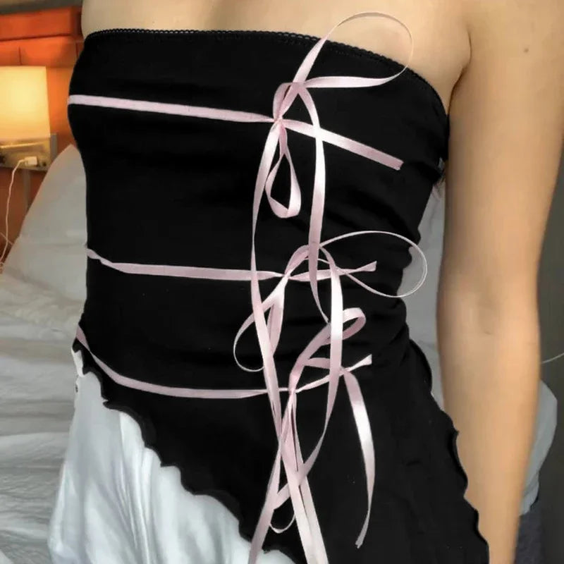 maoxiangshop-Coquette Contrast Ribbons Lace-up Bow Tube Top Women Y2K Strapless Asymmetrical Crop Tops Vintage Sexy Camis Lolita