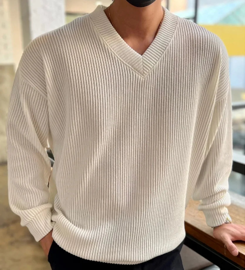 maoxiangshop Autumn/Winter Men's V-neck Pullover Sweater Korean Version Loose Solid Color Knit Leggings Over Casual Top Men's Large Size