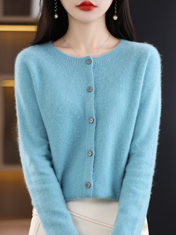 maoxiangshop Aliselect Long Sleeve Women Knitwear Cashmere Knit 100% Pure Merino Wool Spring Autume O-Neck Top Cardigan Sweater Clthing Coat