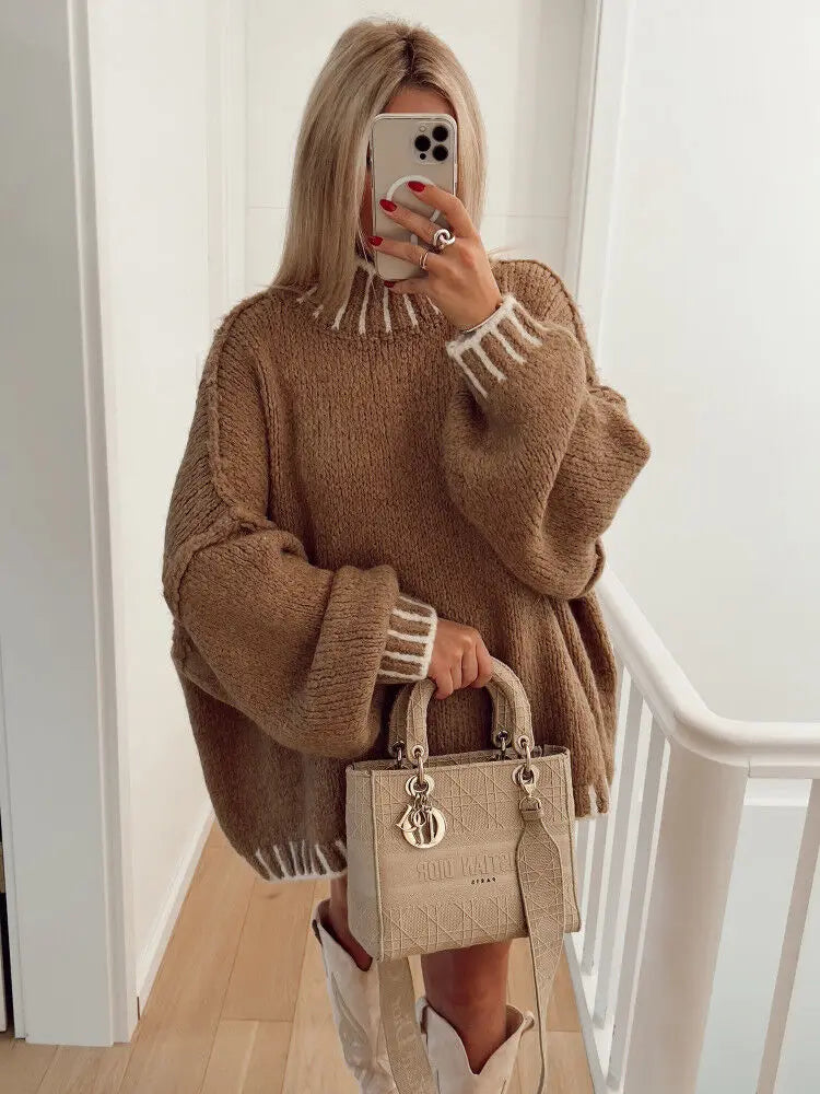 Line Patchwork Turtleneck Sweater For Women Fashion Loose Long Sleeve Knitwear Tops 2023 Autumn Winter Chic Lady Pullover
