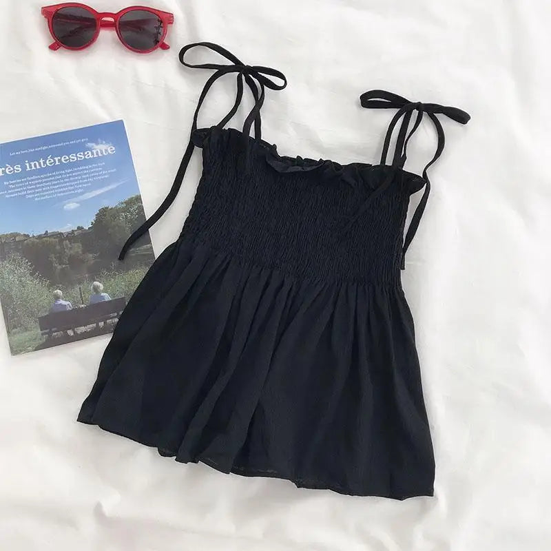 maoxiangshop Sexy Tank Top Bow Halter Crop Tops Women Summer Folds Camis Backless Camisole Casual Bandage Tee Female Sleeveless Cropped Vest