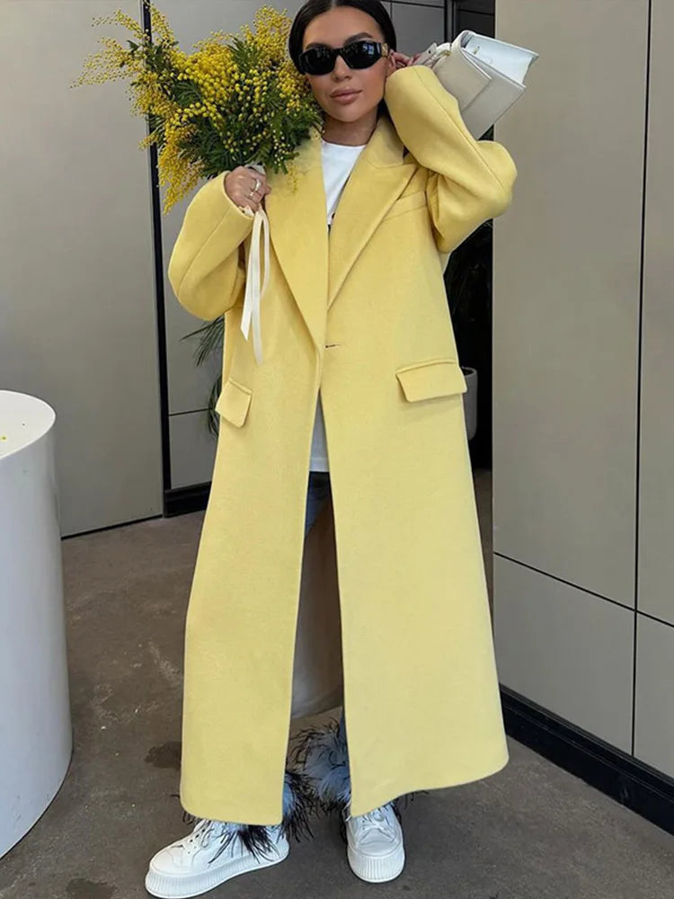 maoxiangshop - Loose Lapel Woolen Long Coats Women Winter Classic Yellow Single Button Pockets Overcoats Female Elegant Casual Street Outwear