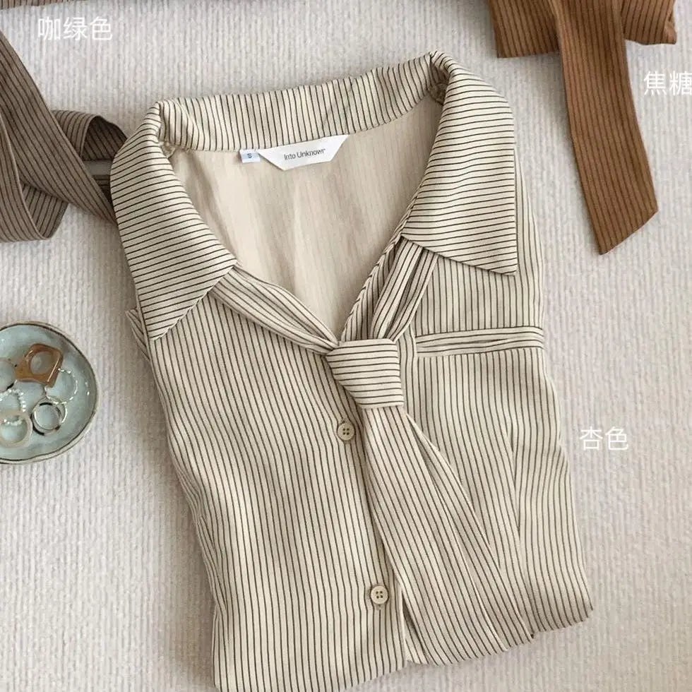 maoxiangshop Women's Maillard Striped Shirt Women's New Autumn/Winter Fashion High Street Design Feel Lazy Top Long Sleeve French Top Shirt