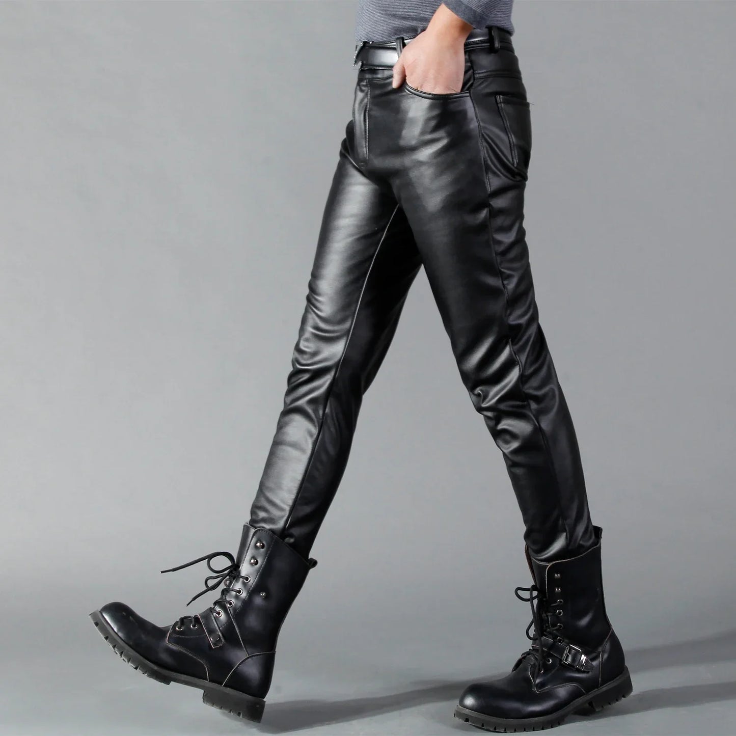 maoxiangshop Men's Leather Pants Skinny Fit Elastic Fashion PU Leather Biker's Trousers Nightclub Party & Dance Pants Thin