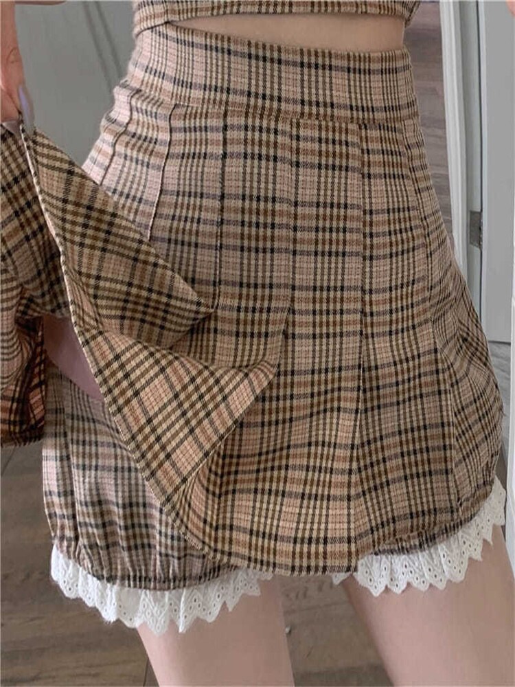 maoxiangshop Plaid Suit Women Camisole + Short Skirt Two-piece Sets Summer New Temperament Vintage Lace Patchwork Sleeveless Suit Trend
