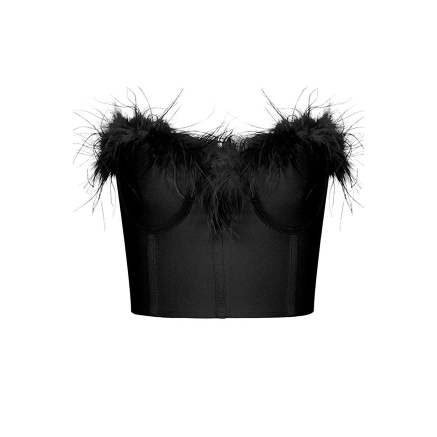 maoxiangshop Women Tube Tops Solid Color Feather Furry Trim Sleeveless Off Shoulder Backless Back Zipper Slim Fit Crop Tops