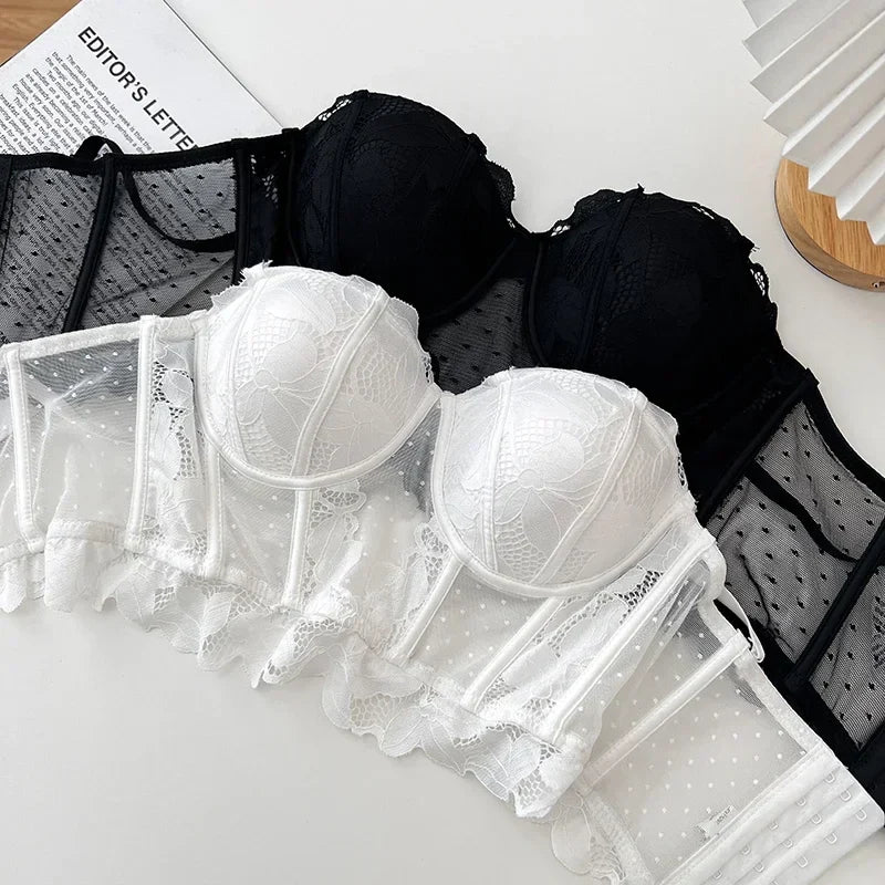 maoxiangshop French Chic Sexy Crop Top Women Lace Sheer Spaghetti Strap Corselet Female Tank Tops Built in Bra Backless Skinny Camis