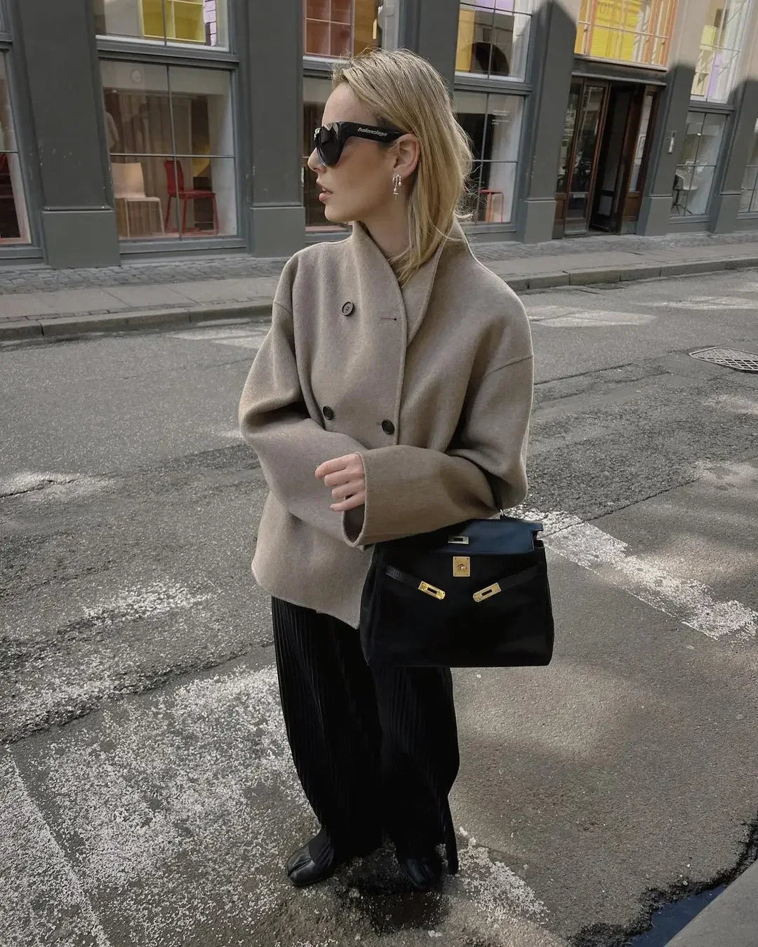 maoxiangshop - Elegant Warm Solid Woolen Cropped Coat Women Chic Stand Collar Double Breasted Long Sleeves Jacket Autumn Lady Commute Outercoat