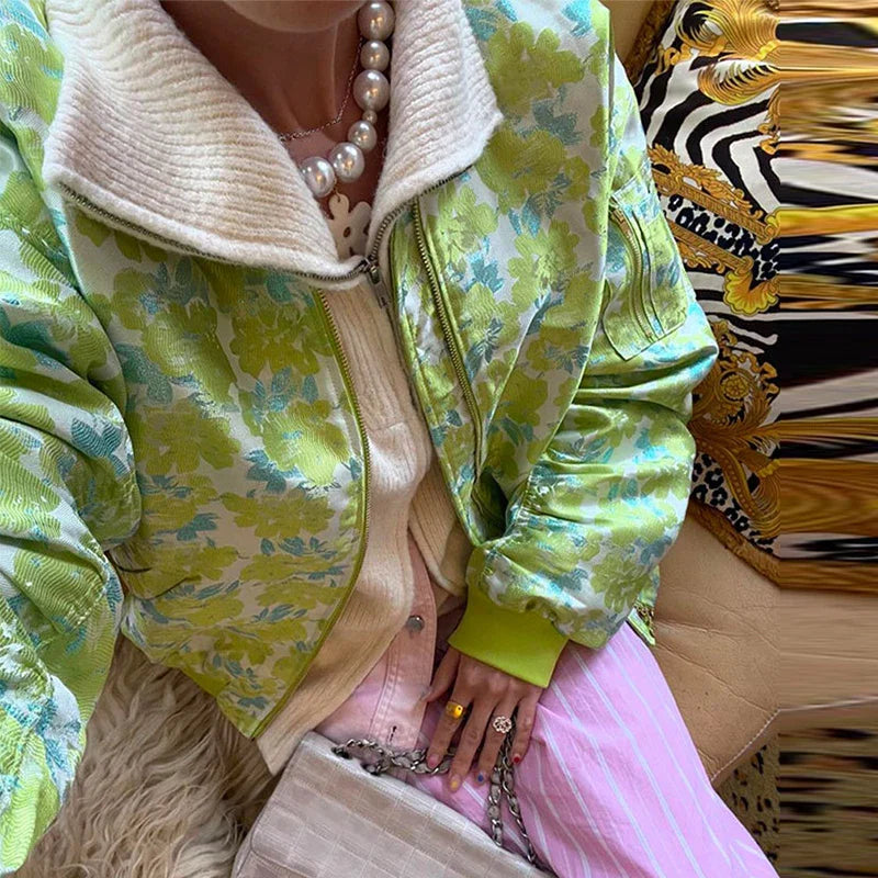 maoxiangshop - Casual Printed Women Jacket Commute O-neck Long Sleeves Zipper Female Jacket High Street Bohemian Oversize Lady Coat 2024 Autumn