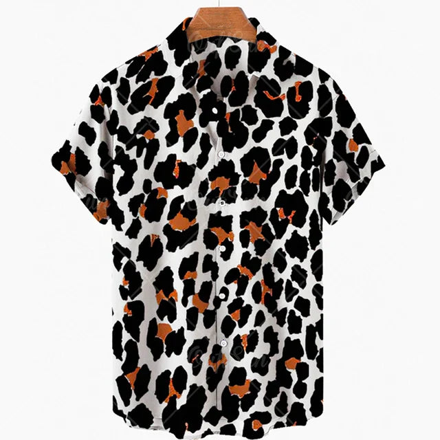 maoxiangshop Short Sleeve Leopard Men's Shirts For Man Clothing Hawaiian Fashion 3D Print Thin Lapel Floral Casual Oversized Imported Camisa