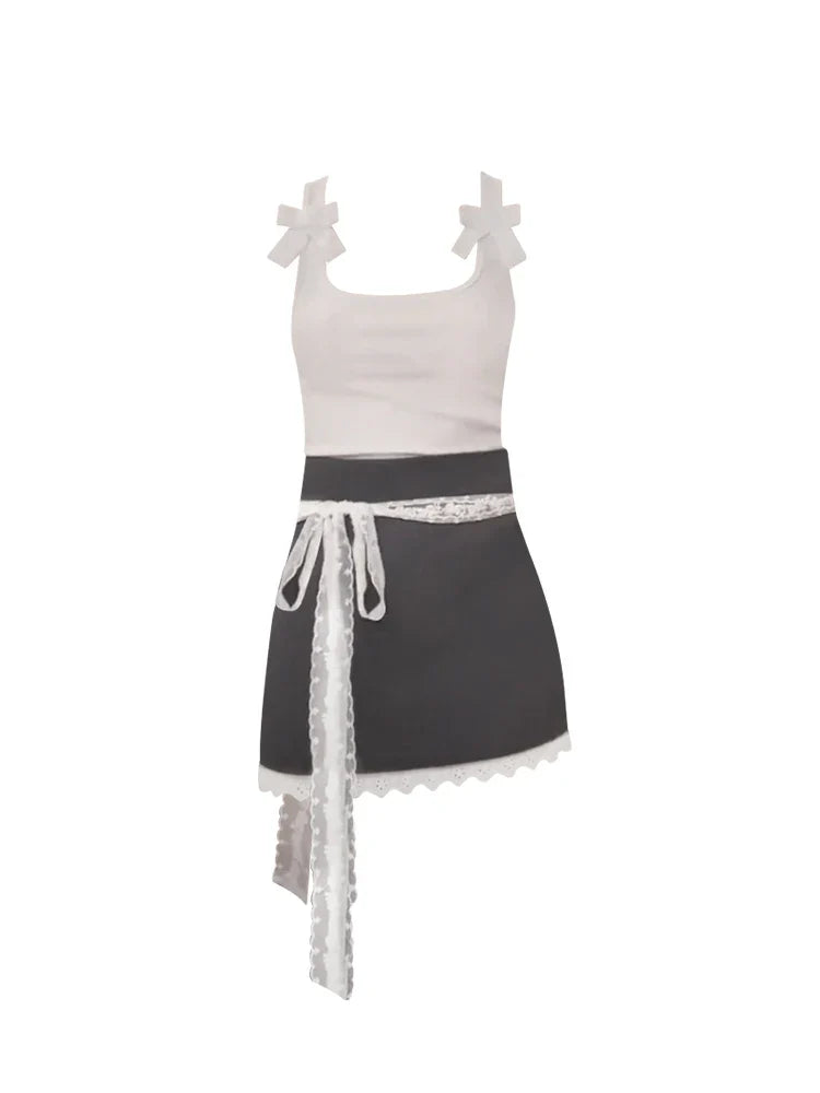maoxiangshop - Summer Women Vacation Y2k Cute Core 2000s Aesthetic Rave Night Club Outfits 2 Piece Set Camisole Mori Halter Top + Mini Skirts