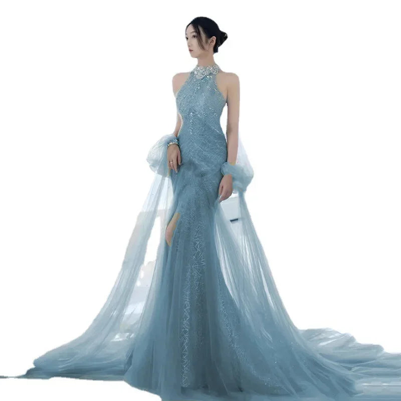 maoxiangshop Evening Party Dress Women's Sleeveless Pearl Halter Elegant Dubai Banquet Gown Elegant Ladies Prom Dresses for Women Vestidos